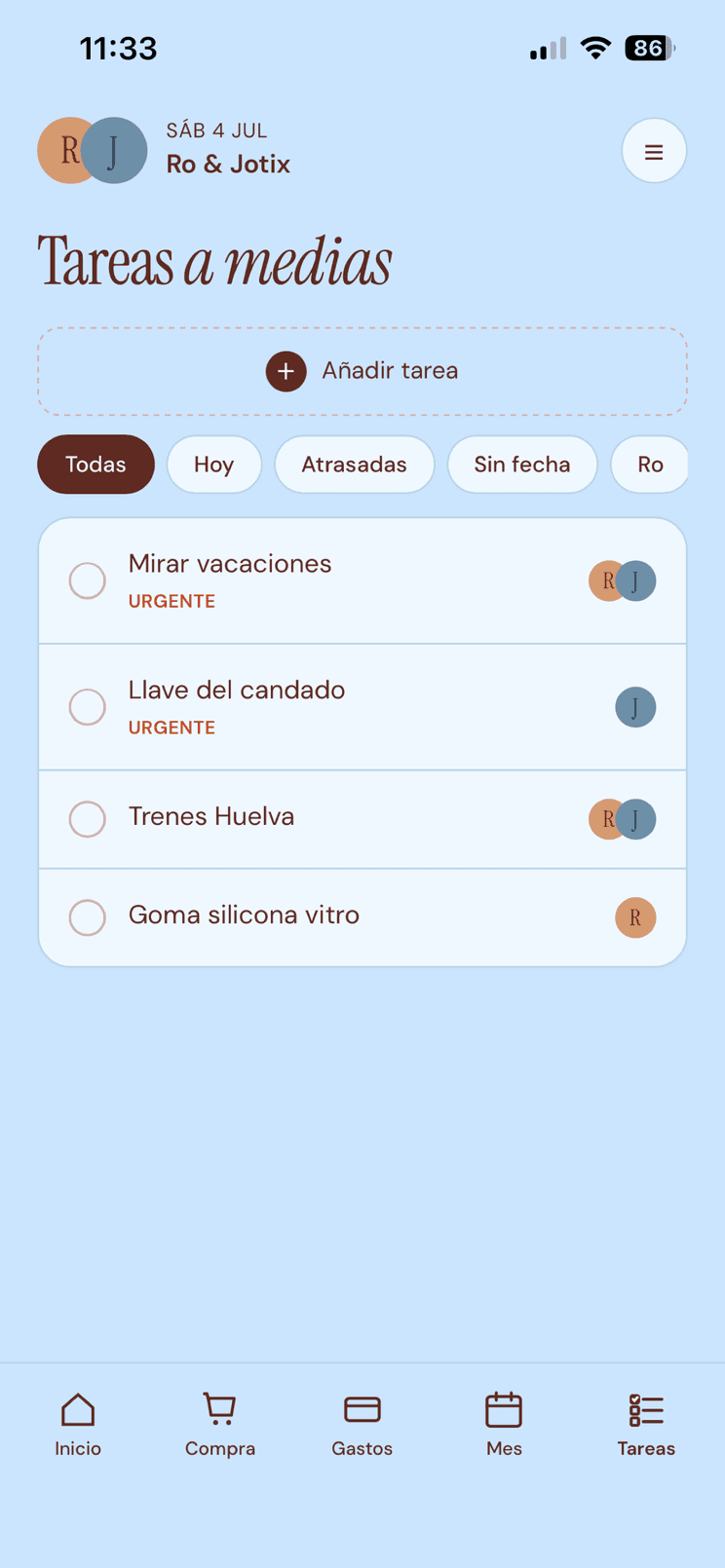 Pantalla de tareas de Conjunt con las tareas repartidas entre los dos.